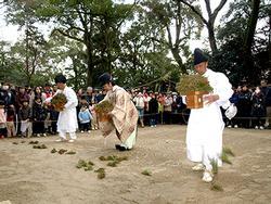 苗に見立てた杉の葉の束を用い、仮田にて田植えを演じる人たちの写真