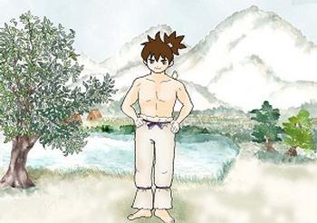 山と里を背景にした上半身裸の當麻蹶速のイラスト