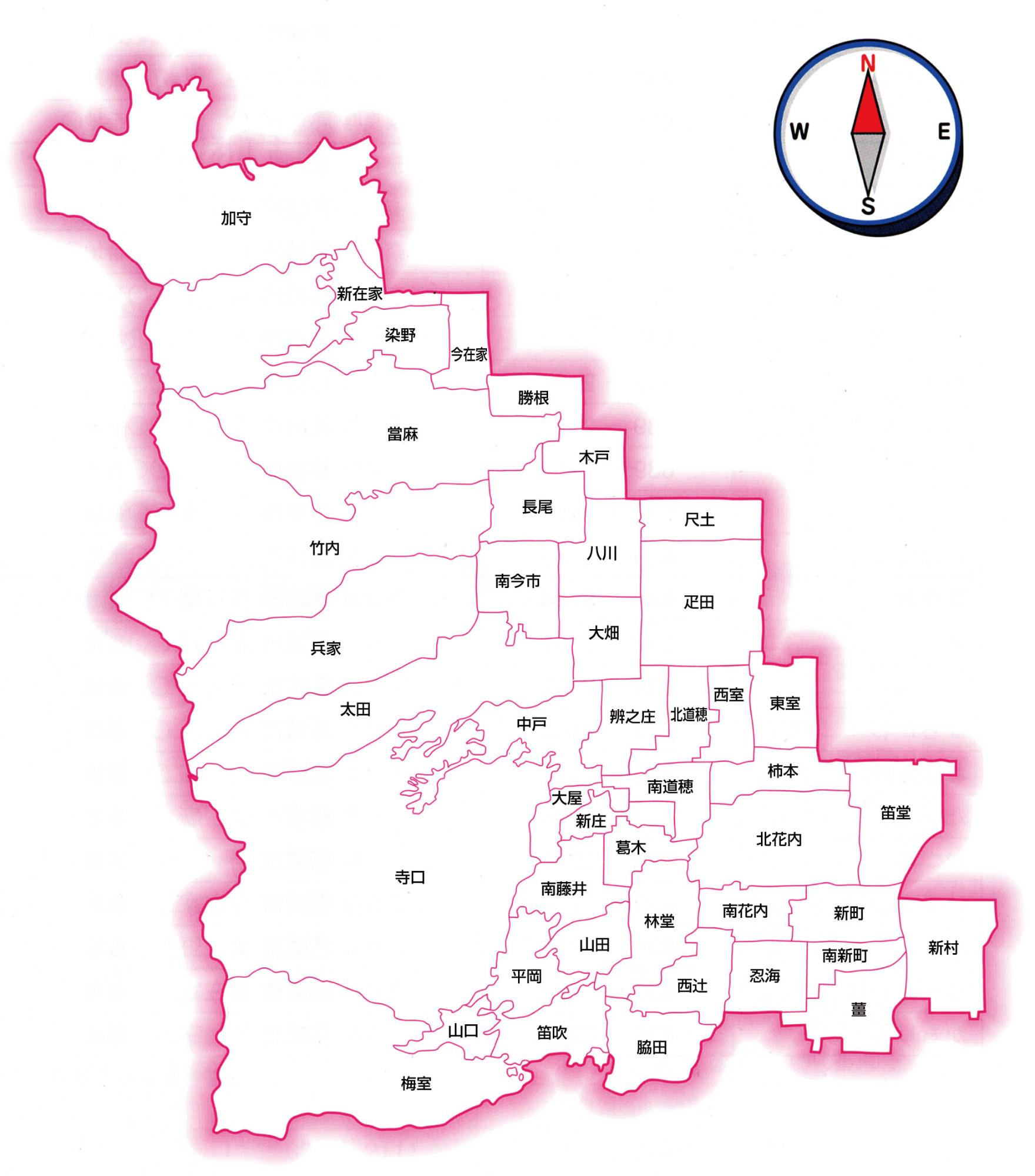 葛城市の中の44のまち(大字)の全体の地図マップ