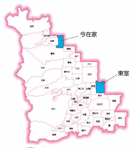 葛城市の地図に東室地区と今在家地区の位置を示した図