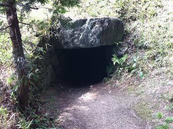 両脇に草木にの生えた斜面の中にある寺口忍海古墳群の石室入り口の写真