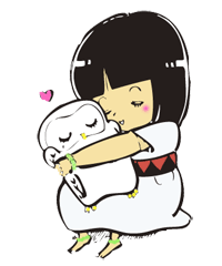 博物館のキャラクターになった、かわいらしい女の子と白いフクロウのイラスト