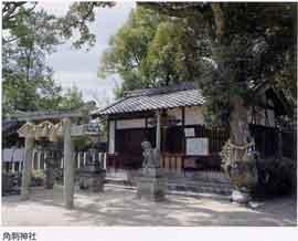 緑溢れる木々の下にたたずむ、小さな鳥居と2体の狛犬と大きなご神木がある角刺神社の写真