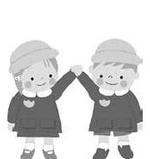 園児服を着た二人の子どもが手をつないで上げているイラスト
