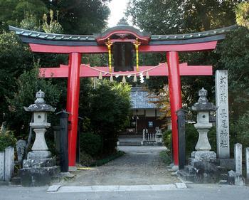長尾神社の二の鳥居前の写真。参道の奥に拝殿が確認できる