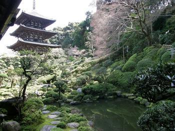 當麻寺西南院の庭園の写真。庭園の奥に三重塔が確認できる