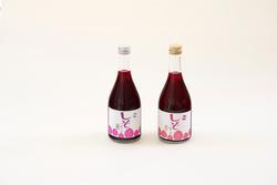 透明な瓶入りの、赤紫色のジュースの写真