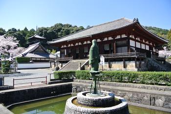 當麻寺本堂を正面右側から手前の噴水も含めて撮影した写真