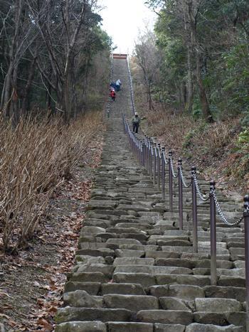 二上山ふるさと公園の奥まった場所にある急傾斜の長い石段を下から見上げた写真