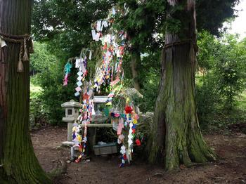 棚機神社の祠とその傍に設けられた七夕飾りの写真