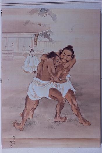當麻蹶速と野見宿禰の天覧相撲の様子を描いた絵の写真