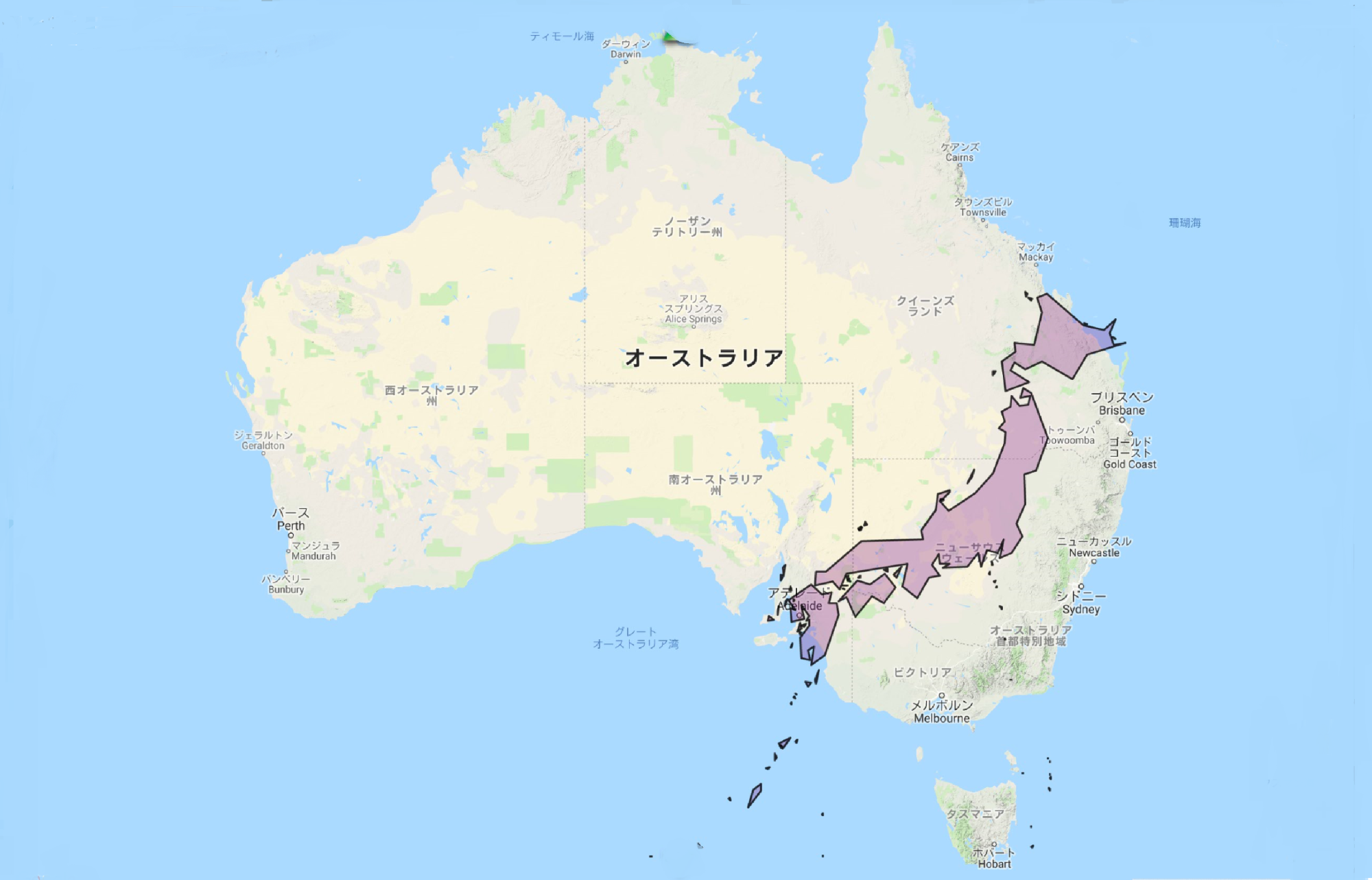 オーストラリアの地図に日本地図が上に重なっているイラスト