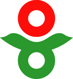 下に緑の丸と曲線があり離れて上に赤い丸がある葛城市の市章のロゴ