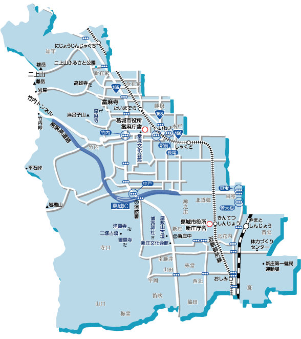 葛城市内-市役所の位置-の地図