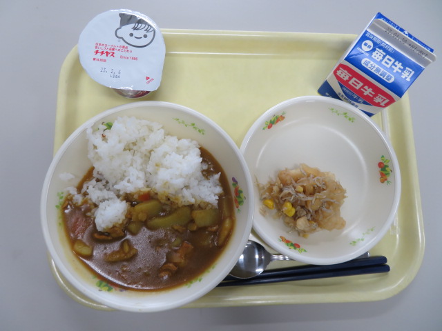 米飯、牛乳、じゃこサラダ、ポークカレー、ヨーグルト