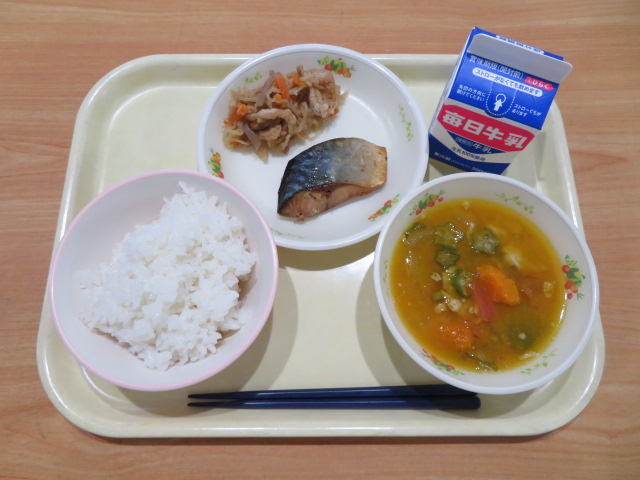 ごはん、牛乳、さばのスタミナ漬け、切干大根の煮物、シンプルみそ汁