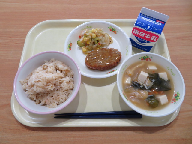 とりごぼうごはん、牛乳、照り焼きハンバーグ、野菜サラダ、おとうふのみそ汁