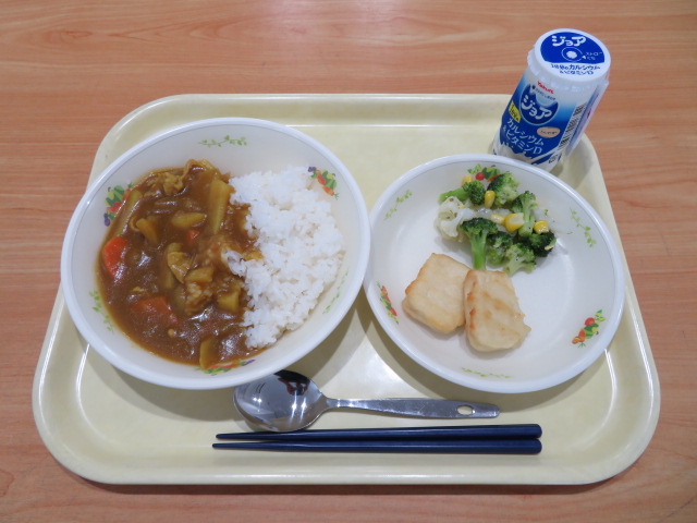 ごはん、ジョア（プレーン）、豆腐ナゲット、花野菜サラダ、ポークカレー