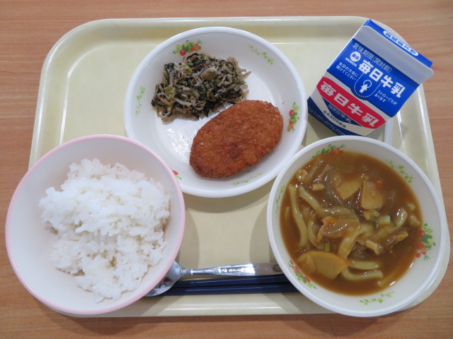 ごはん、牛乳、かぼちゃポークフライ（小・中学校のみ）、大和まなちりめん、カレーうどん