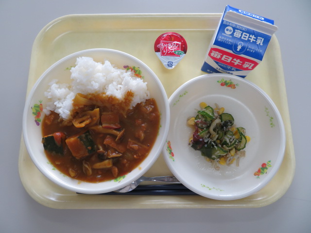 ごはん、牛乳、冬至カレー、大根サラダ、ナン、プチゼリーりんご(小学校のみ）