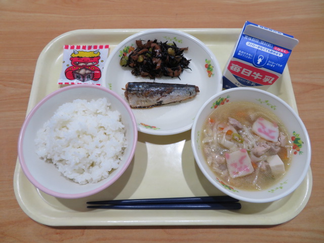 ごはん、牛乳、いわしのかぼすレモン煮、ひじきいり煮、にゅうめん、福豆