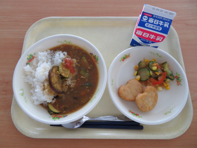 ごはん、牛乳、チキンナゲット、寒天サラダ、葛城夏野菜カレー