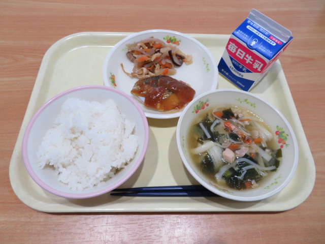 ごはん、牛乳、さわらのゆずみそかけ、奈良和え、にゅうめん