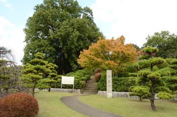 屋敷山古墳の遠景の写真。古墳のくびれ部分に案内板が確認できる