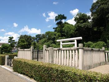 青空の下、石の柵に囲われた白い鳥居の先にたくさんの木々が見える飯豊天皇埴口丘陵の写真